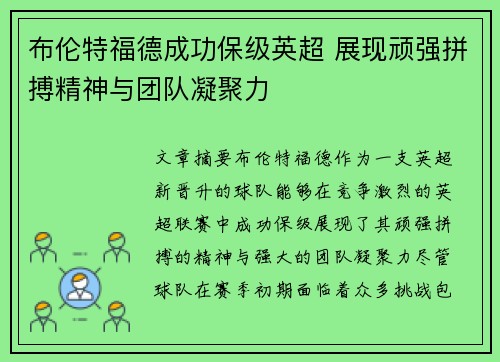 布伦特福德成功保级英超 展现顽强拼搏精神与团队凝聚力
